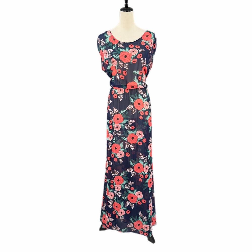 Anthropologie Paper Crown x Rifle Paper Co. Navy Floral Sheer Cottage Maxi Dress